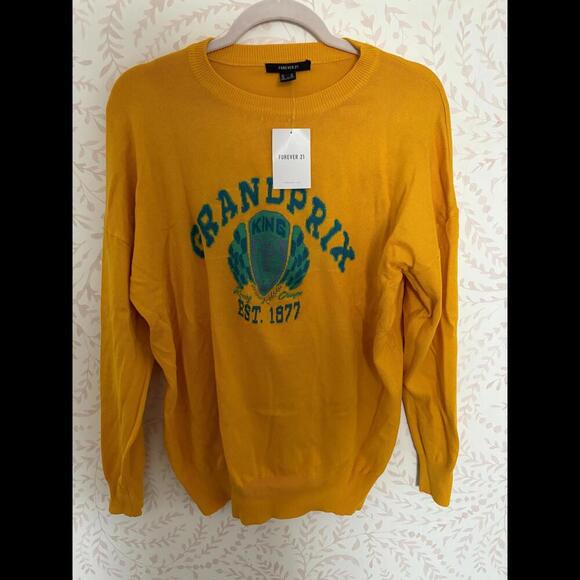 NWT Forever 21 Grand Prix Graphic Sweater - Mustard Yellow - Picture 1 of 6